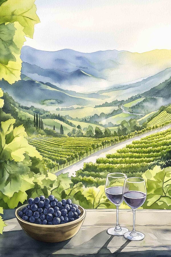 Peinture de verres à vin et de raisins sur une table devant un vignoble Peinture de verres à vin et de raisins sur une table devant un vignoble