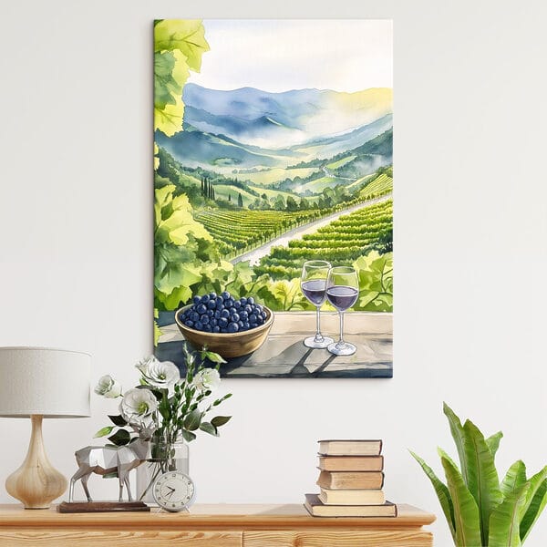 Peinture de verres à vin et de raisins sur une table devant un vignoble Peinture de verres à vin et de raisins sur une table devant un vignoble