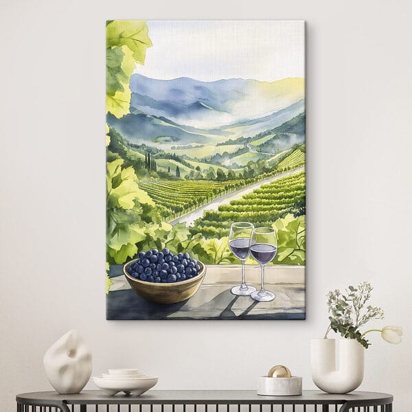 Peinture de verres à vin et de raisins sur une table devant un vignoble Peinture de verres à vin et de raisins sur une table devant un vignoble