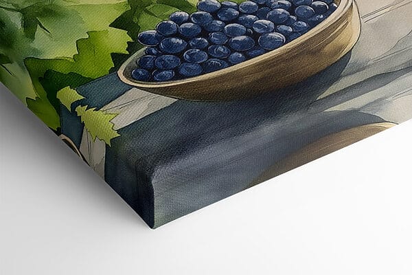 Peinture de verres à vin et de raisins sur une table devant un vignoble Peinture de verres à vin et de raisins sur une table devant un vignoble
