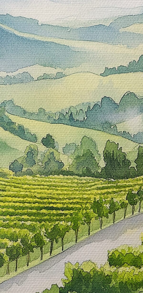 Peinture de verres à vin et de raisins sur une table devant un vignoble Peinture de verres à vin et de raisins sur une table devant un vignoble