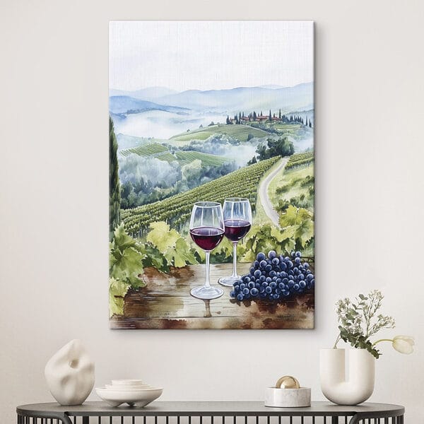 Aquarelle de verres à vin sur une table avec des raisins et des collines en arrière-plan Aquarelle de verres à vin sur une table avec des raisins et des collines en arrière-plan