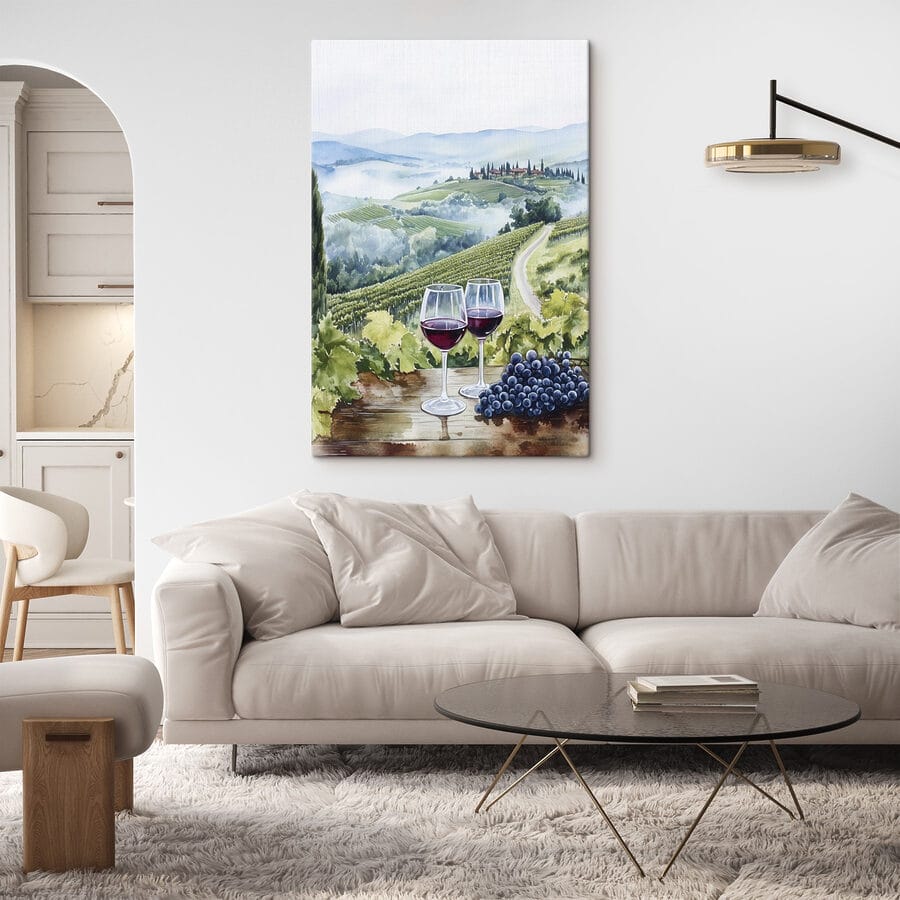 Aquarelle de verres à vin sur une table avec des raisins et des collines en arrière-plan Aquarelle de verres à vin sur une table avec des raisins et des collines en arrière-plan