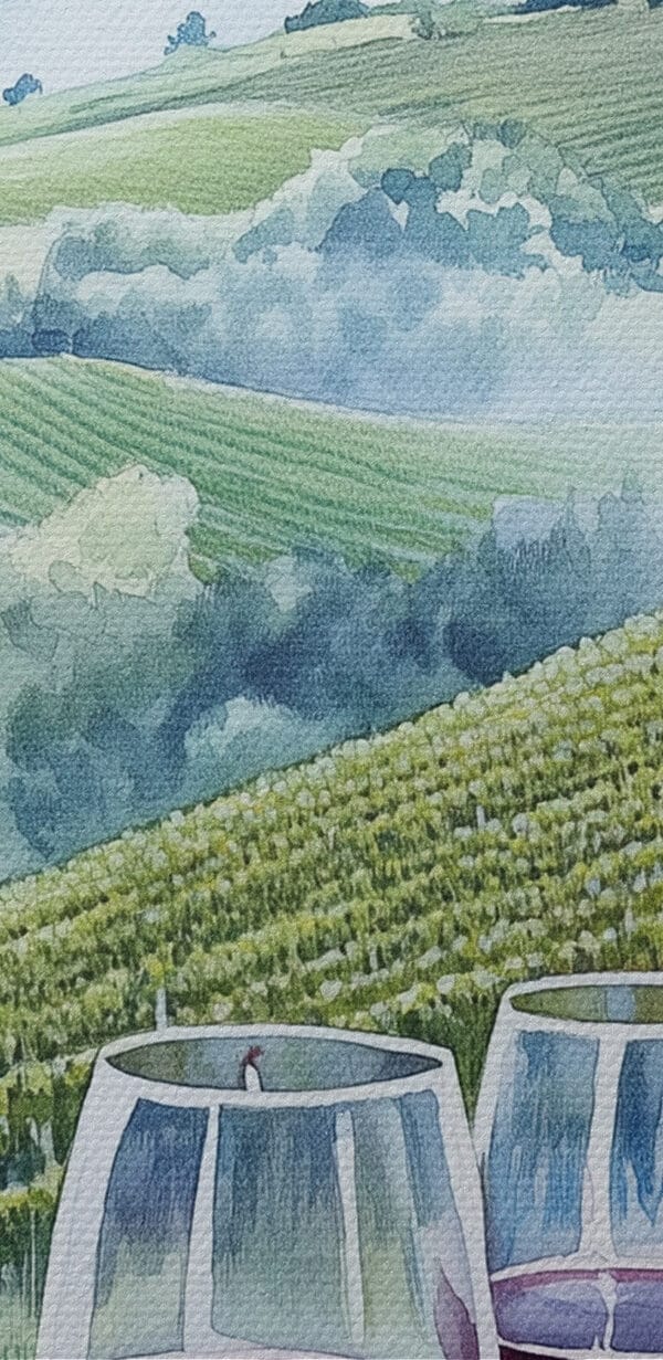 Aquarelle de verres à vin sur une table avec des raisins et des collines en arrière-plan Aquarelle de verres à vin sur une table avec des raisins et des collines en arrière-plan