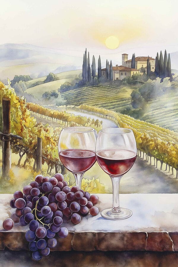 Aquarelle de verres à vin et de raisins Aquarelle de verres à vin et de raisins
