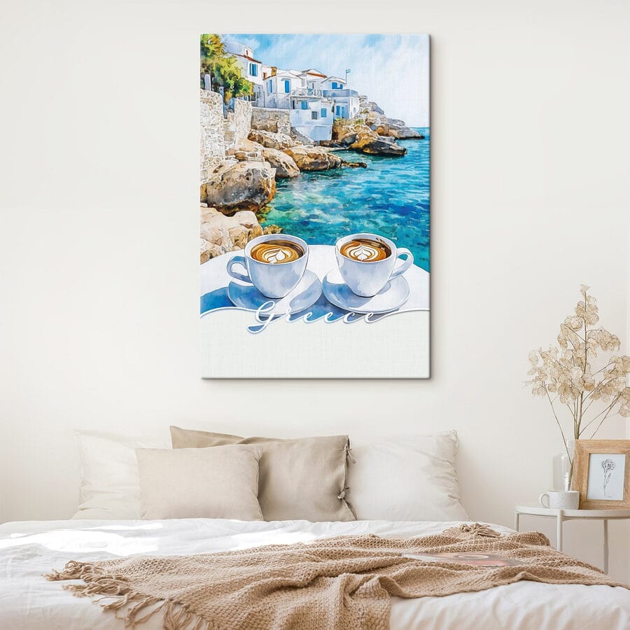 Tableaux Deux tasses de café sur une table au bord de l'eau