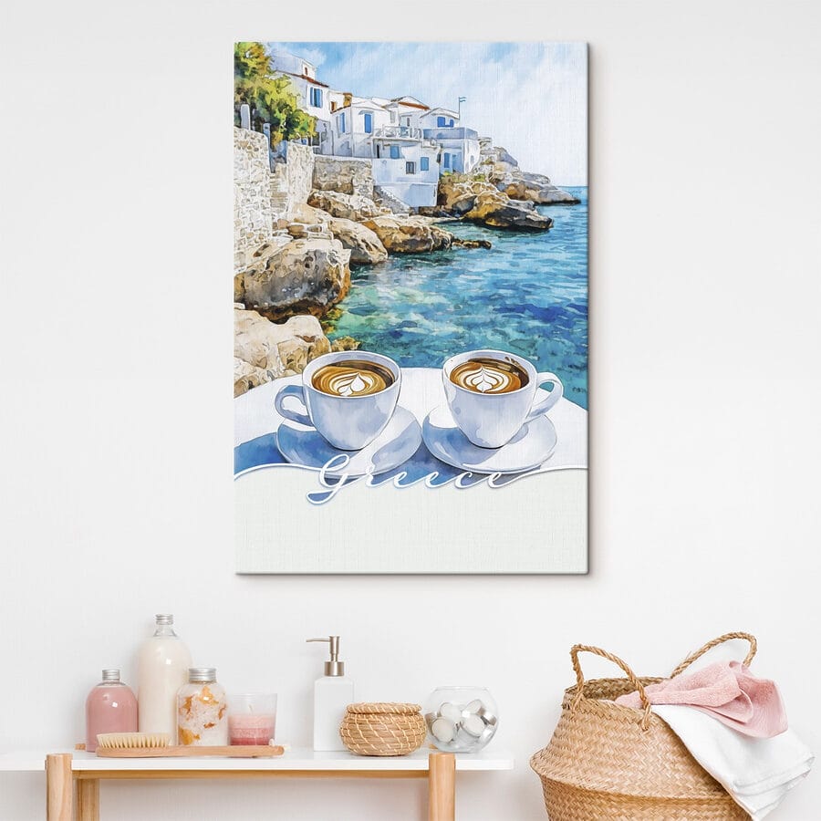 Tableaux Deux tasses de café sur une table au bord de l'eau – Image 2