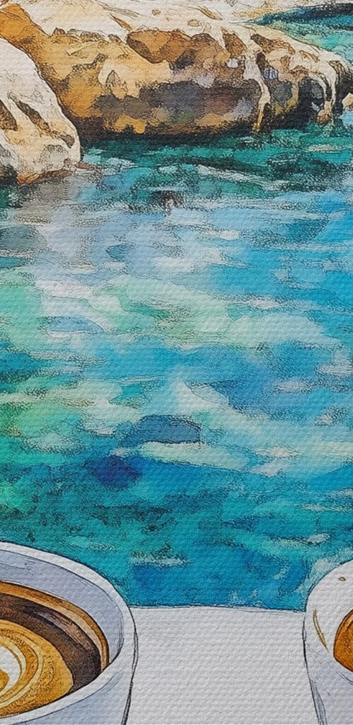 Two cups of coffee on a table by the water