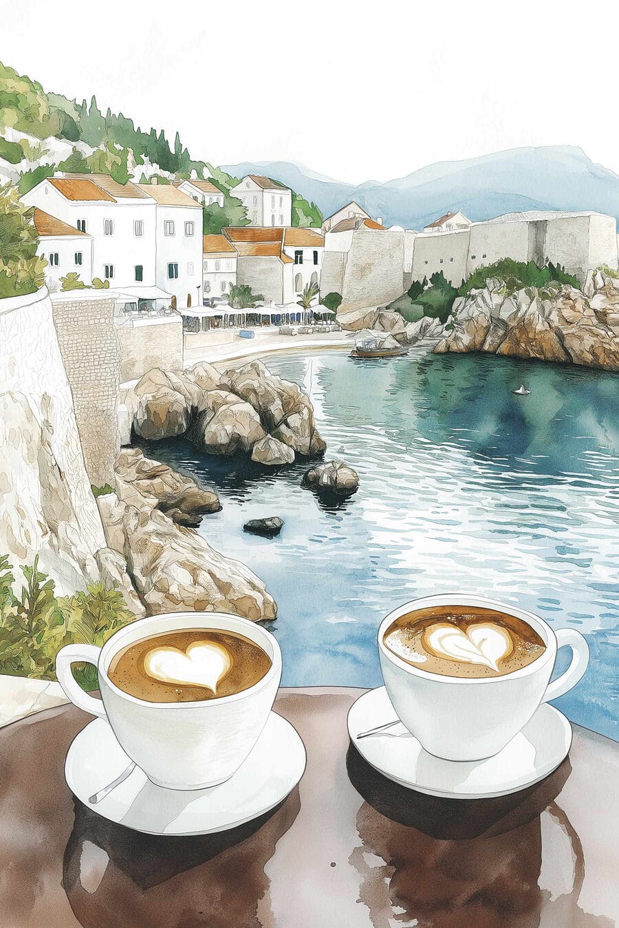 Deux tasses de café avec une mousse en forme de cœur sur une table surplombant un plan d'eau