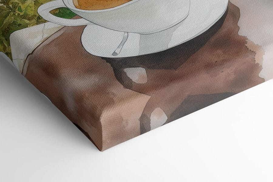 Deux tasses de café avec une mousse en forme de cœur sur une table surplombant un plan d'eau