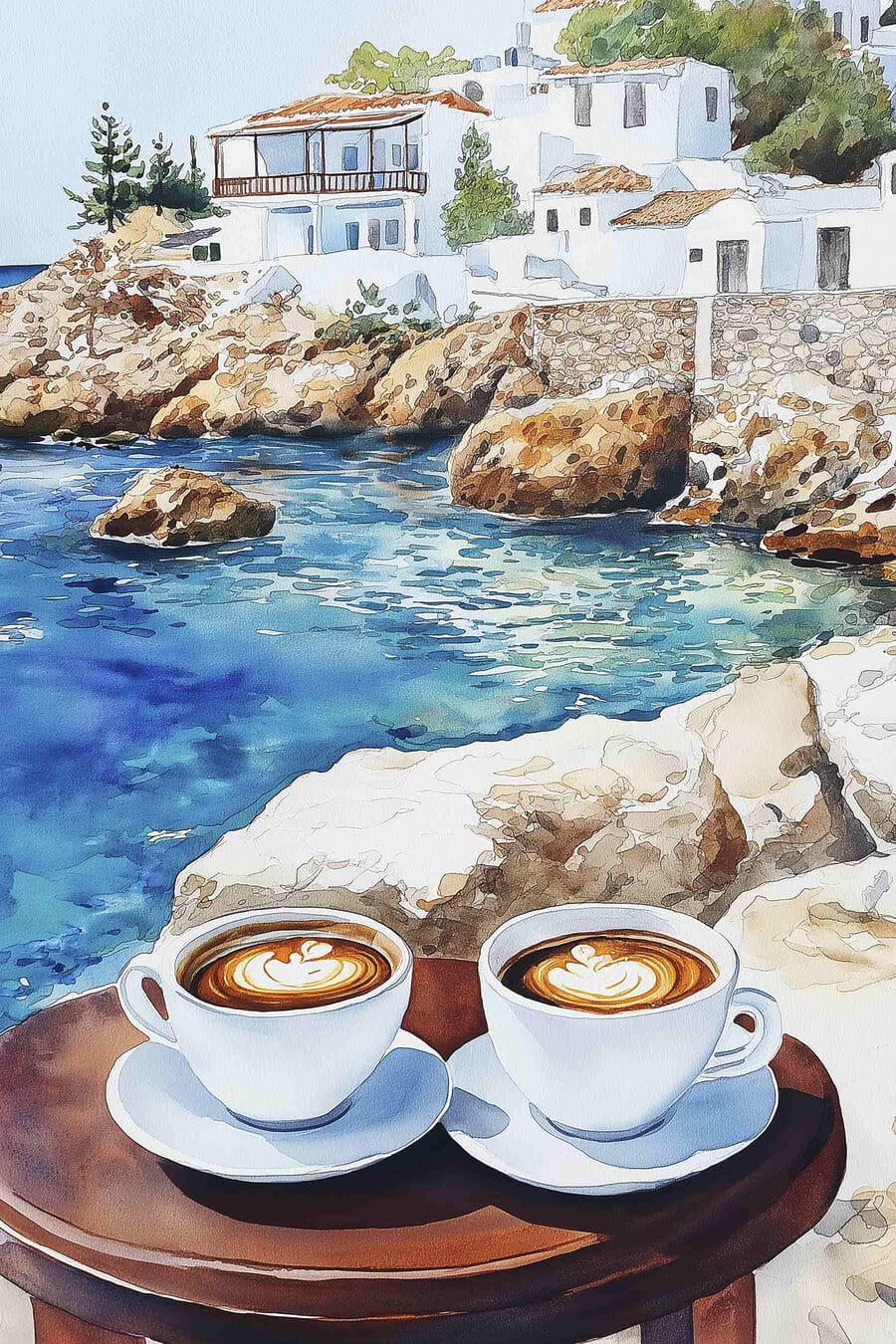 Deux tasses de café sur une table à côté d'un plan d'eau