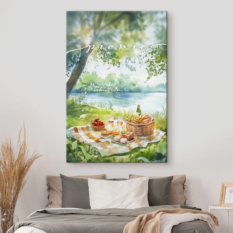 Peinture à l'aquarelle d'un pique-nique avec de la nourriture et du vin sur une couverture au bord d'un lac