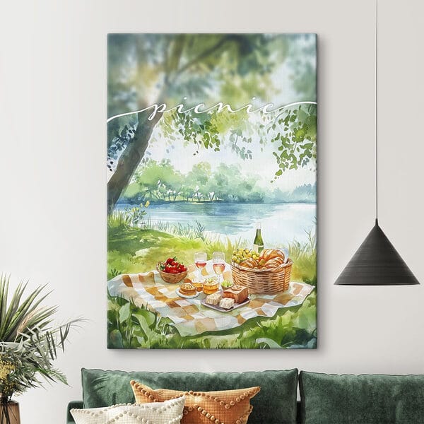 Peinture à l'aquarelle d'un pique-nique avec de la nourriture et du vin sur une couverture au bord d'un lac Peinture à l'aquarelle d'un pique-nique avec de la nourriture et du vin sur une couverture au bord d'un lac