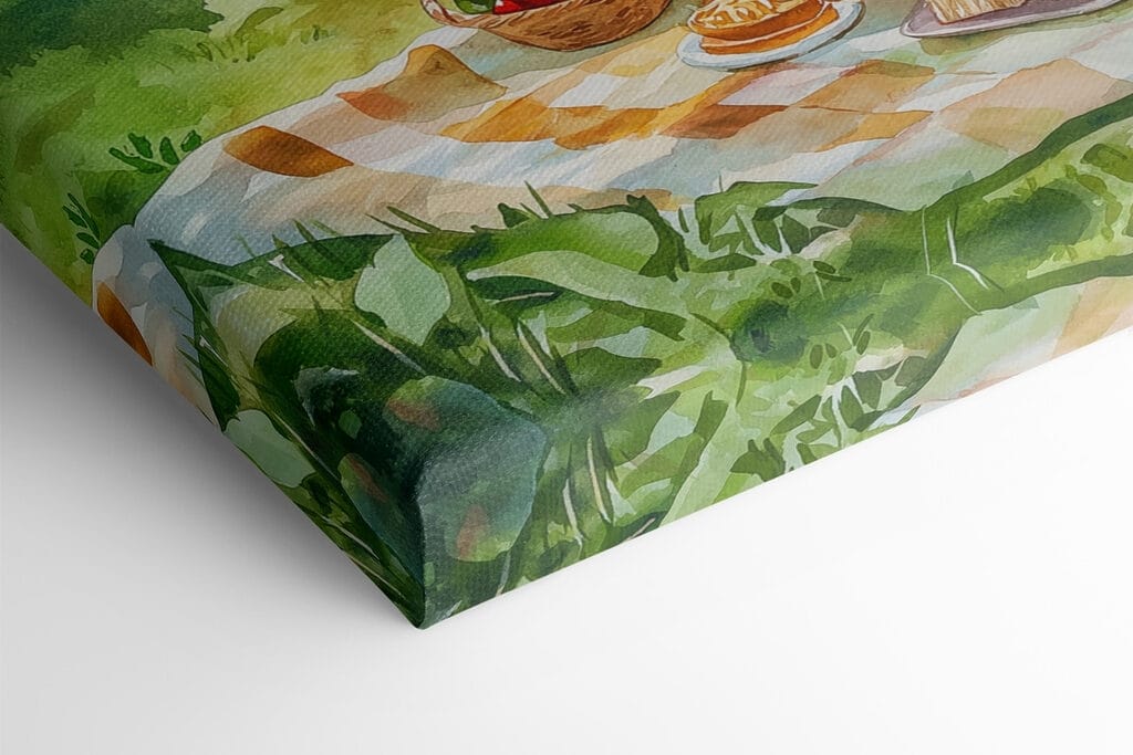 Watercolor painting of a picnic with food and wine on a blanket by a lake