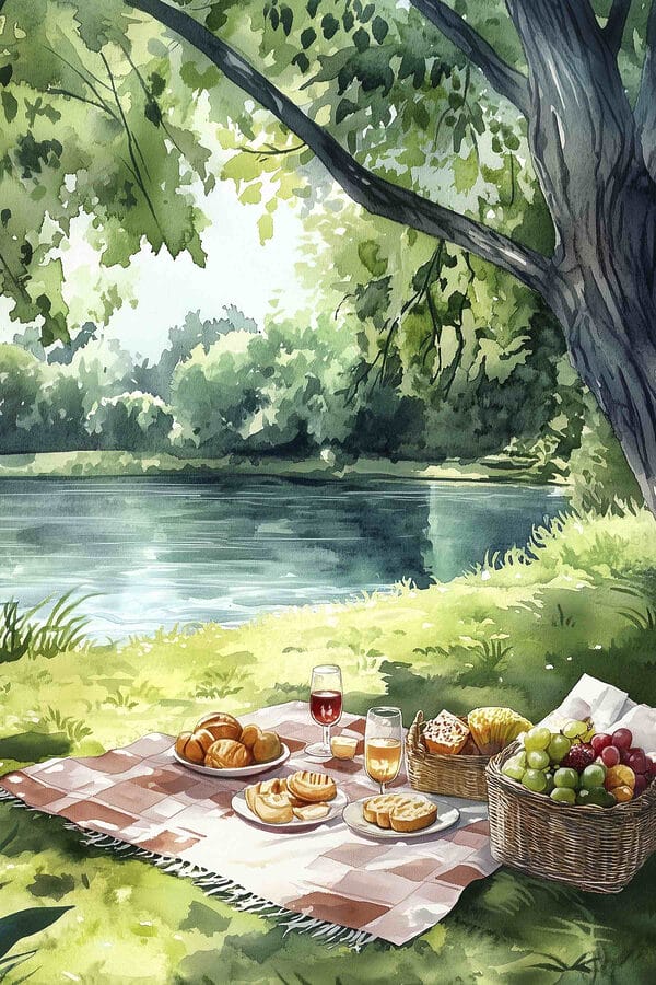 Peinture à l'aquarelle de nourriture sur une couverture de pique-nique au bord d'un lac Peinture à l'aquarelle de nourriture sur une couverture de pique-nique au bord d'un lac