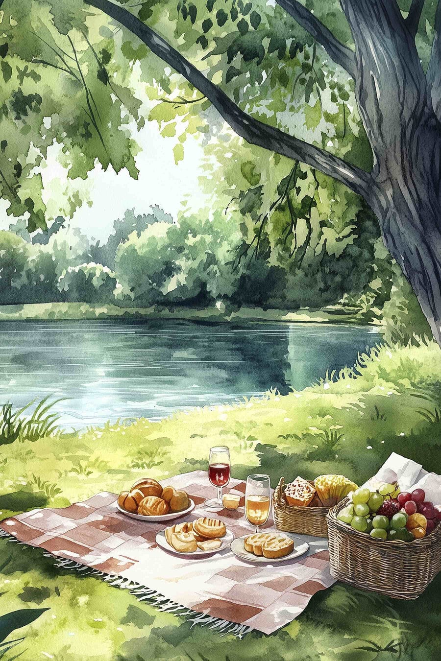 Peinture à l'aquarelle de nourriture sur une couverture de pique-nique au bord d'un lac