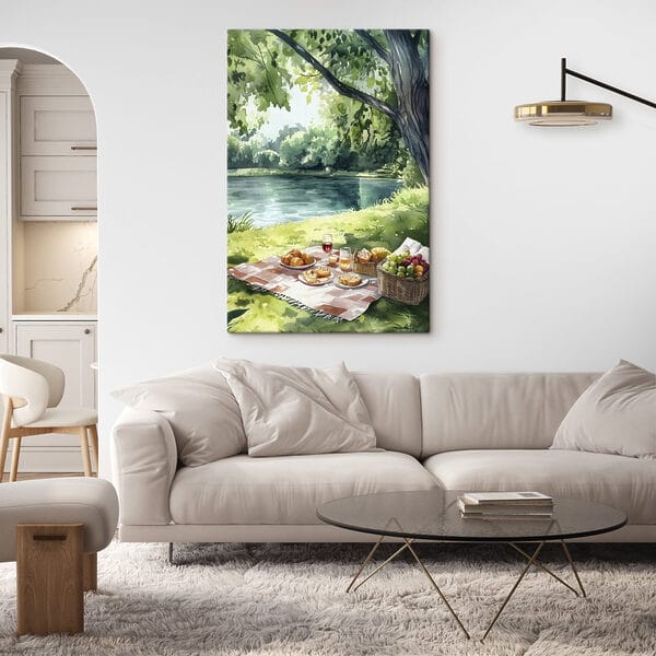 Peinture à l'aquarelle de nourriture sur une couverture de pique-nique au bord d'un lac Peinture à l'aquarelle de nourriture sur une couverture de pique-nique au bord d'un lac