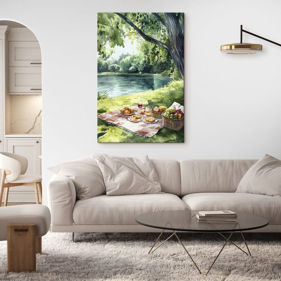 Peinture à l'aquarelle de nourriture sur une couverture de pique-nique au bord d'un lac