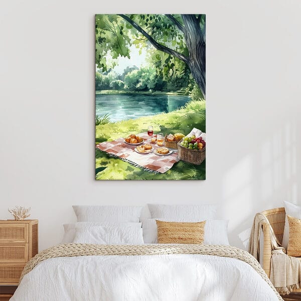 Peinture à l'aquarelle de nourriture sur une couverture de pique-nique au bord d'un lac Peinture à l'aquarelle de nourriture sur une couverture de pique-nique au bord d'un lac