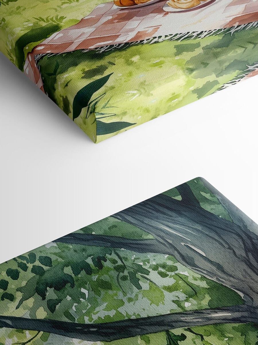 Peinture à l'aquarelle de nourriture sur une couverture de pique-nique au bord d'un lac
