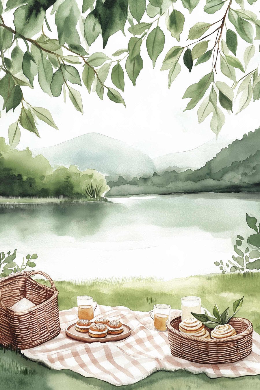 Peinture à l'aquarelle d'une couverture de pique-nique avec un panier et de la nourriture dessus
