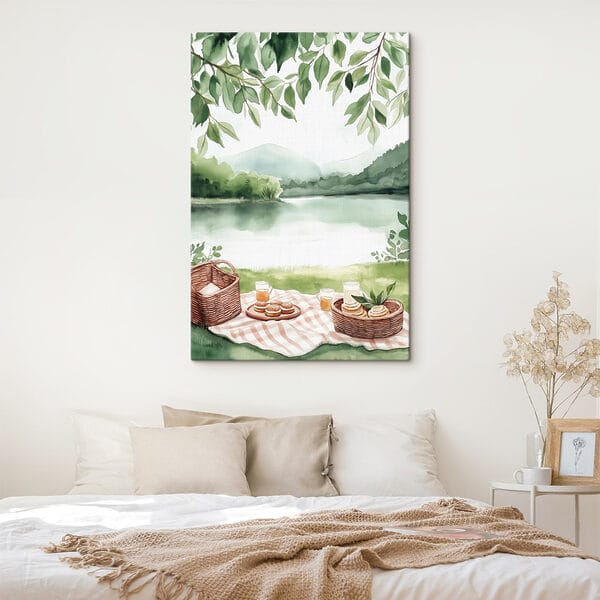 Peinture à l'aquarelle d'une couverture de pique-nique avec un panier et de la nourriture dessus Peinture à l'aquarelle d'une couverture de pique-nique avec un panier et de la nourriture dessus