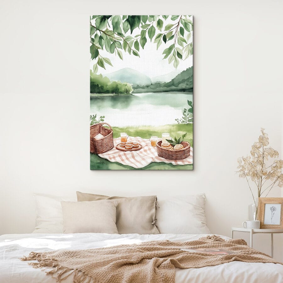 Peinture à l'aquarelle d'une couverture de pique-nique avec un panier et de la nourriture dessus