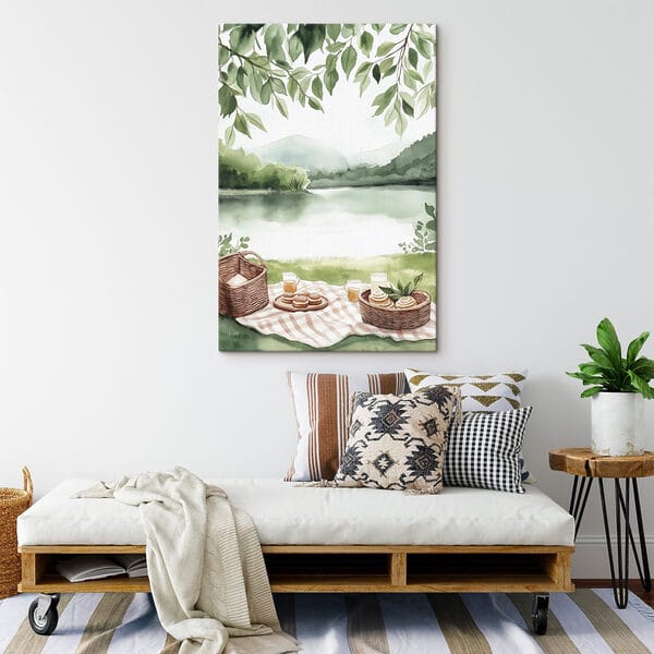Peinture à l'aquarelle d'une couverture de pique-nique avec un panier et de la nourriture dessus Peinture à l'aquarelle d'une couverture de pique-nique avec un panier et de la nourriture dessus