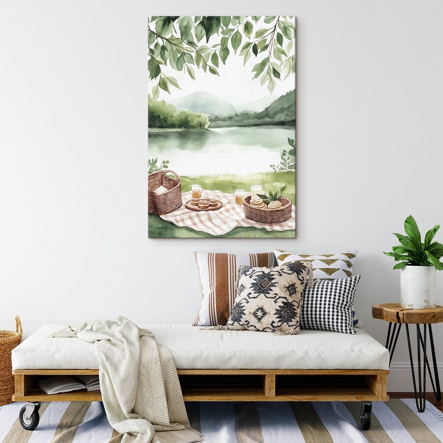 Peinture à l'aquarelle d'une couverture de pique-nique avec un panier et de la nourriture dessus