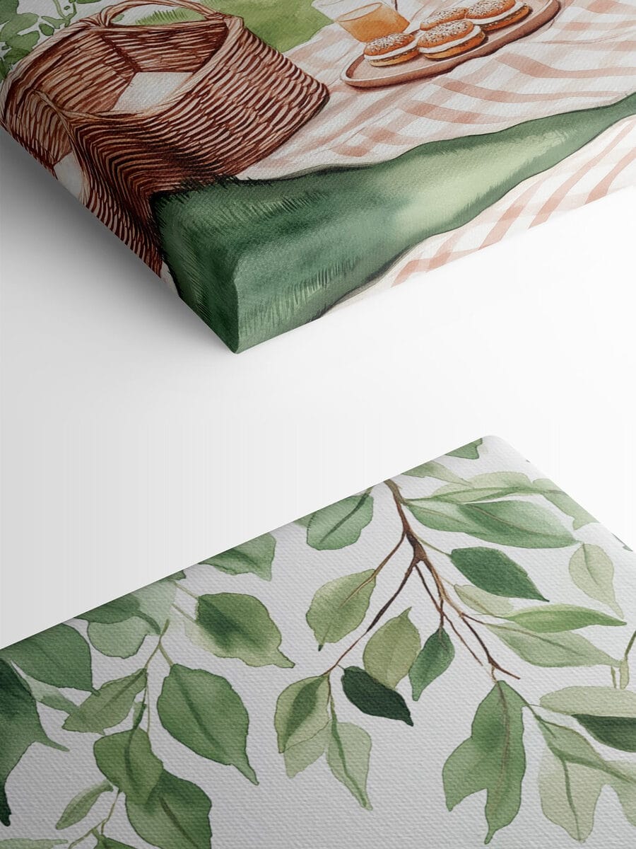 Peinture à l'aquarelle d'une couverture de pique-nique avec un panier et de la nourriture dessus