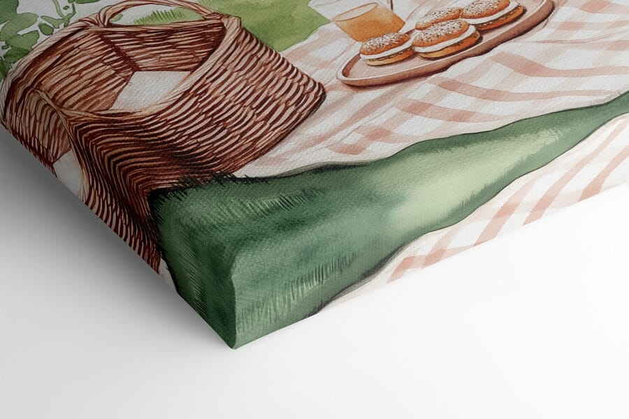 Peinture à l'aquarelle d'une couverture de pique-nique avec un panier et de la nourriture dessus