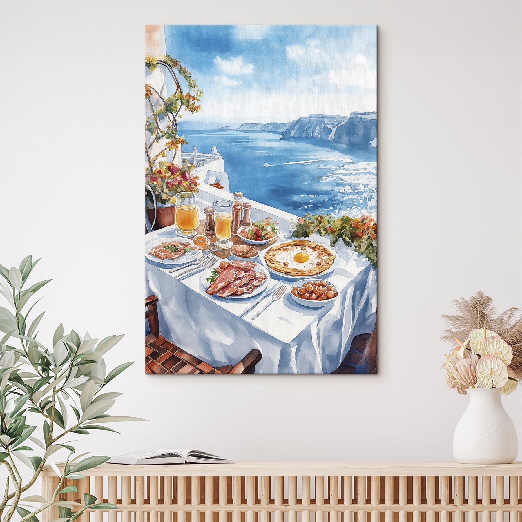Watercolor painting of food on a table overlooking a body of water
