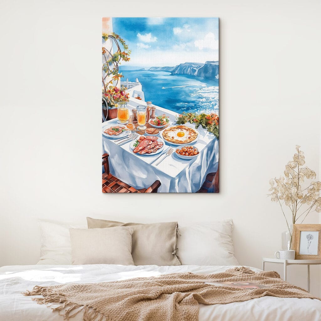 Watercolor painting of food on a table overlooking a body of water