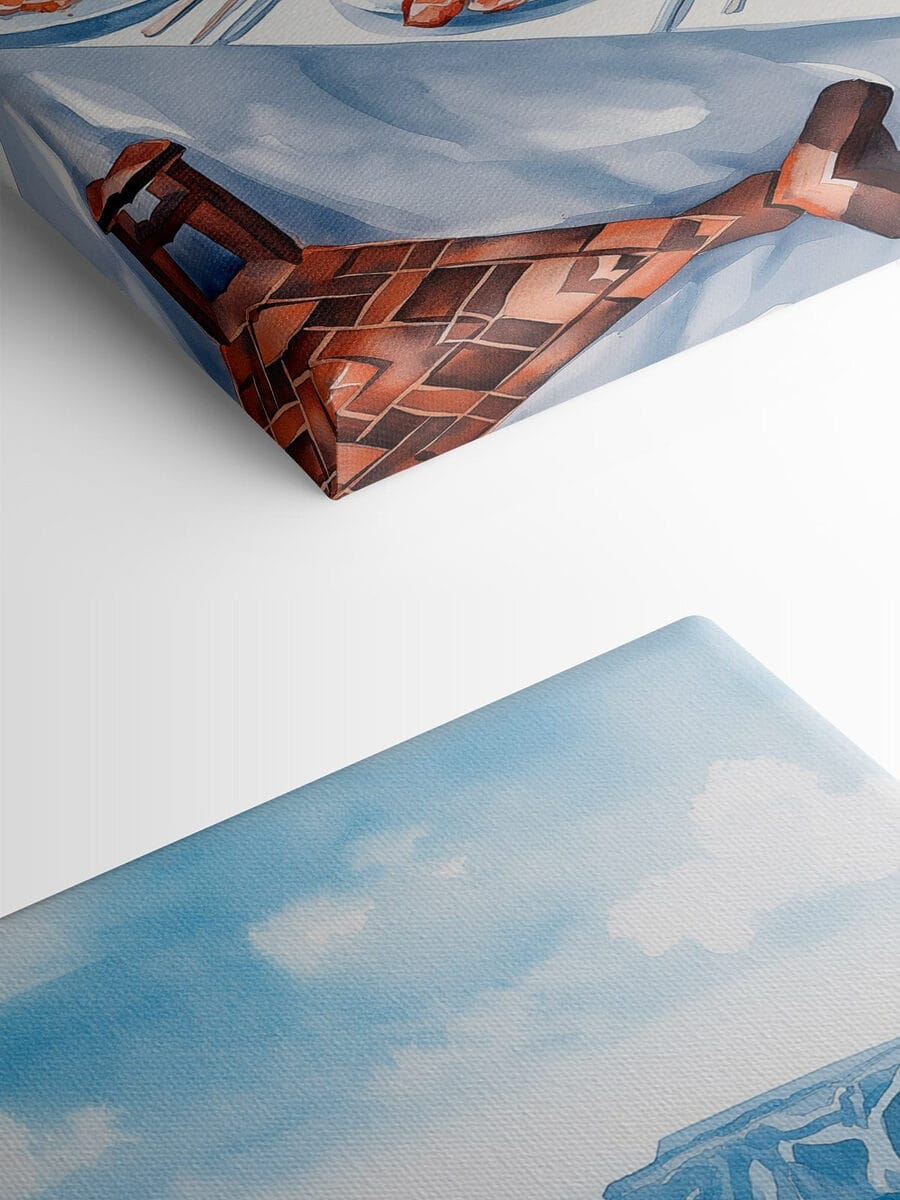 Aquarelle représentant de la nourriture sur une table surplombant un plan d'eau