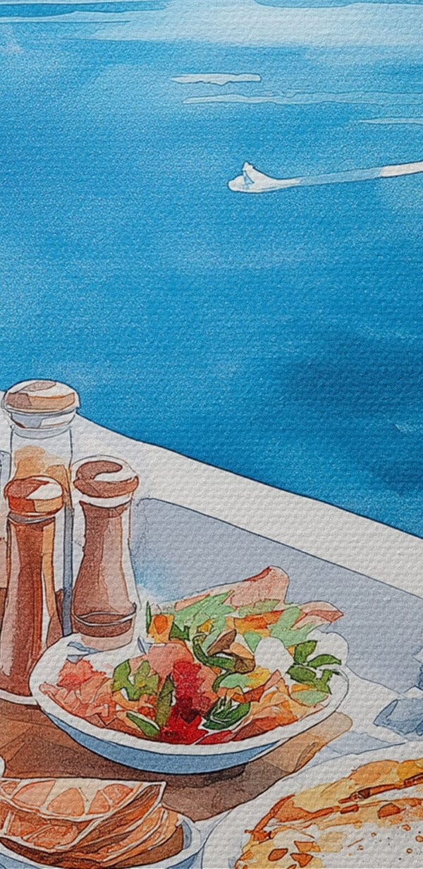 Aquarelle représentant de la nourriture sur une table surplombant un plan d'eau Aquarelle représentant de la nourriture sur une table surplombant un plan d'eau