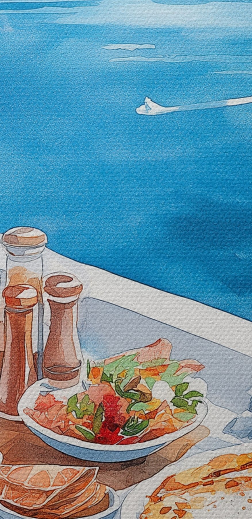 Aquarelle représentant de la nourriture sur une table surplombant un plan d'eau