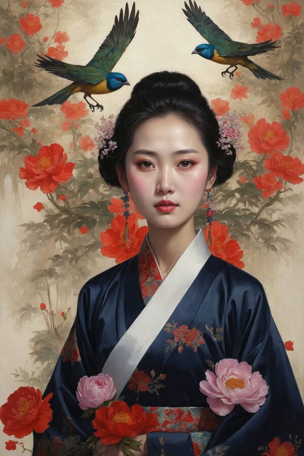 Femme en kimono avec des fleurs et des oiseaux Femme en kimono avec des fleurs et des oiseaux