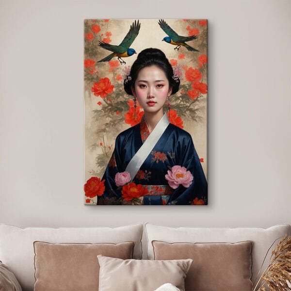 Femme en kimono avec des fleurs et des oiseaux Femme en kimono avec des fleurs et des oiseaux