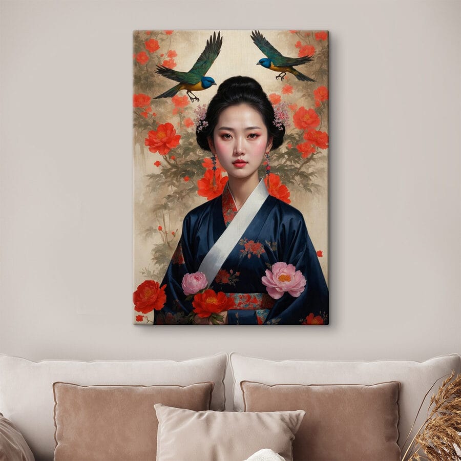 Femme en kimono avec des fleurs et des oiseaux