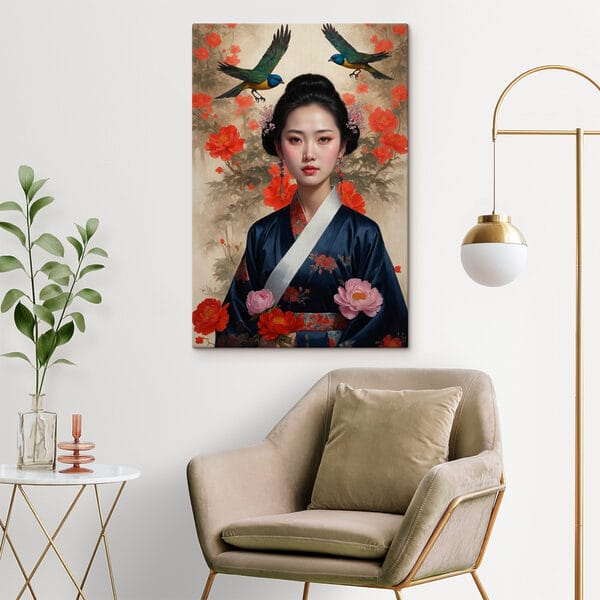 Femme en kimono avec des fleurs et des oiseaux Femme en kimono avec des fleurs et des oiseaux
