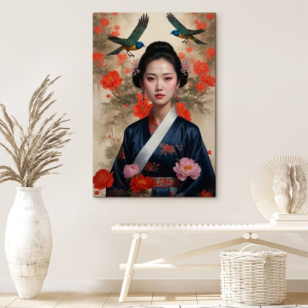 Femme en kimono avec des fleurs et des oiseaux Femme en kimono avec des fleurs et des oiseaux