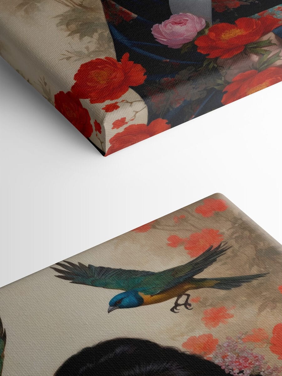 Femme en kimono avec des fleurs et des oiseaux