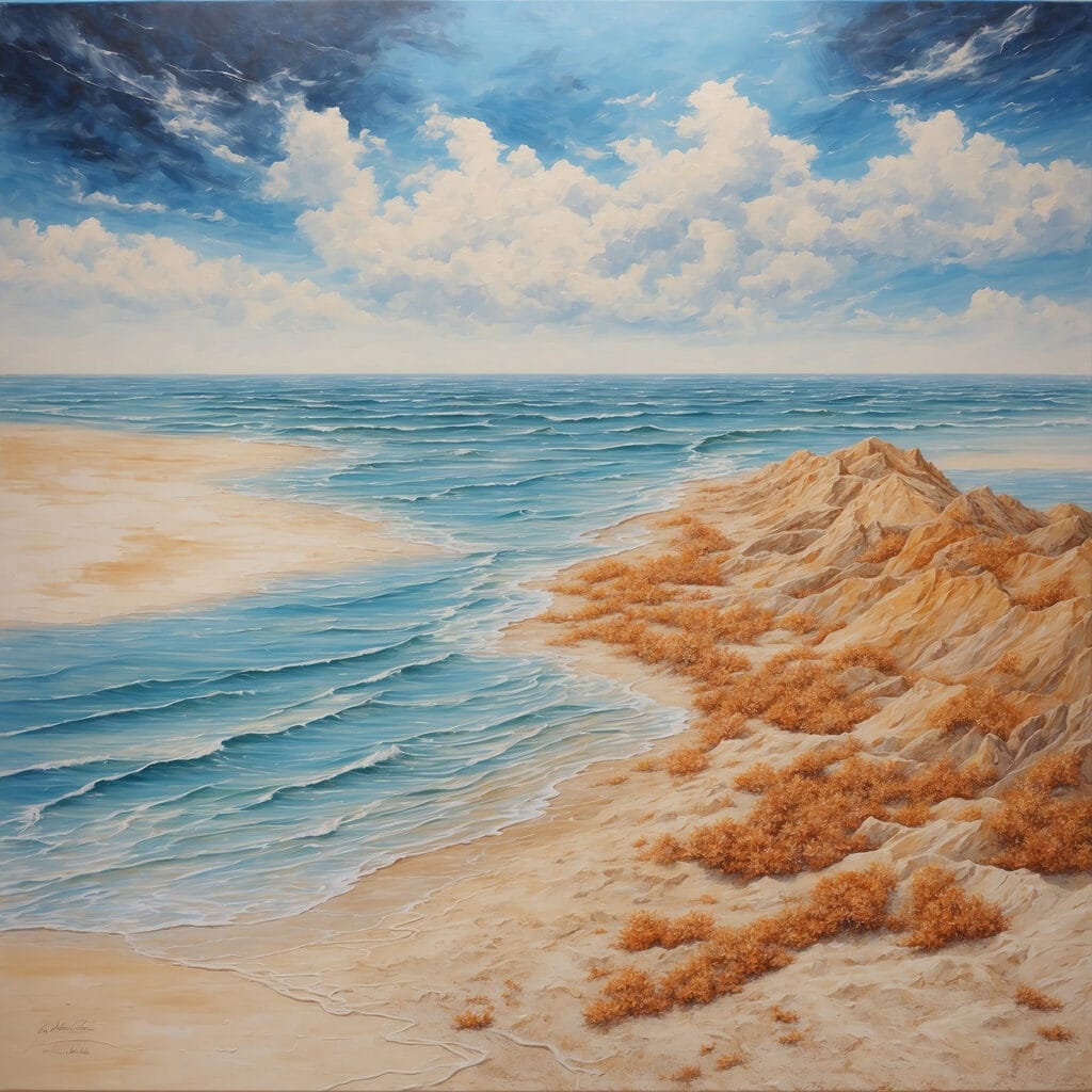 Painting of a beach with sand and water Painting of a beach with sand and water