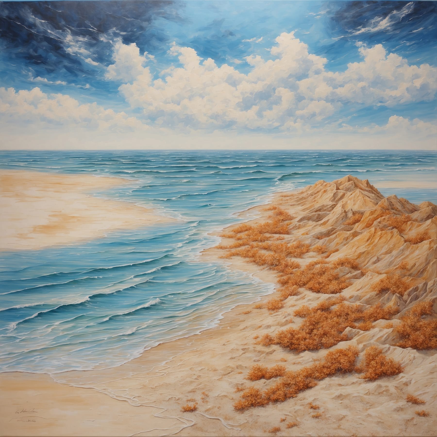 Painting of a beach with sand and water