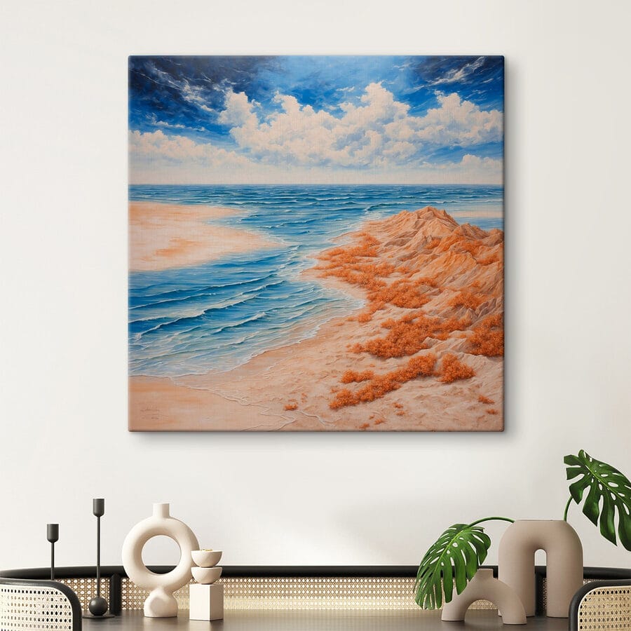 Peinture d'une plage avec du sable et de l'eau