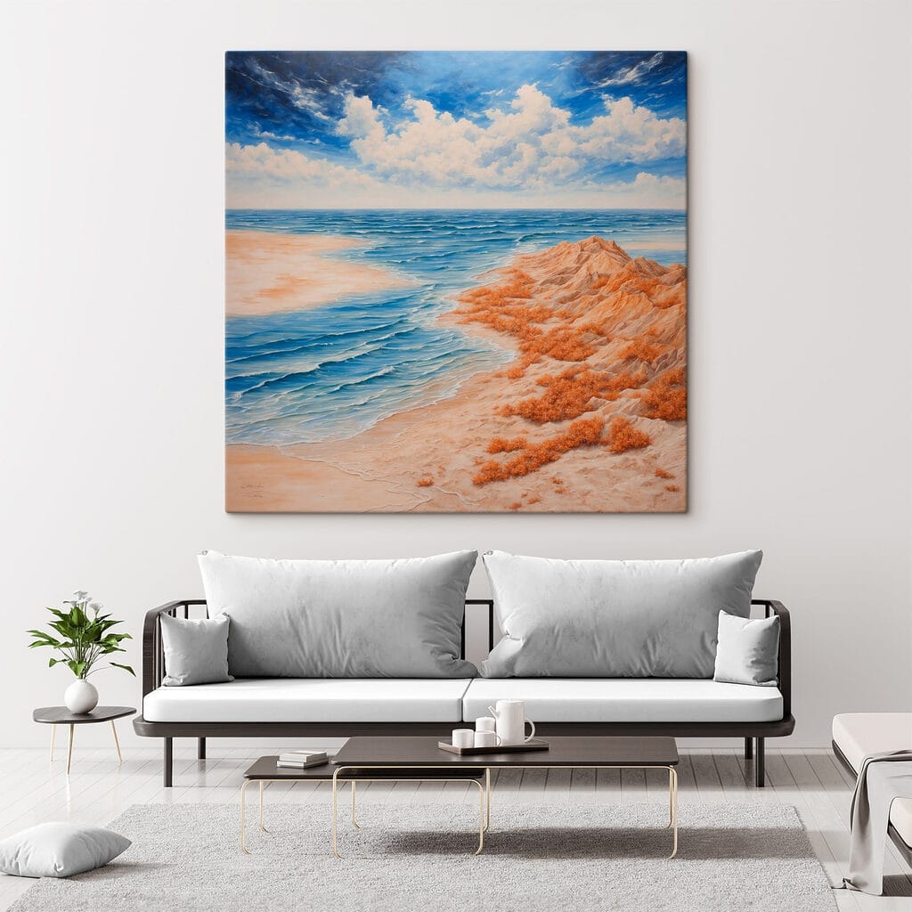 Painting of a beach with sand and water Painting of a beach with sand and water