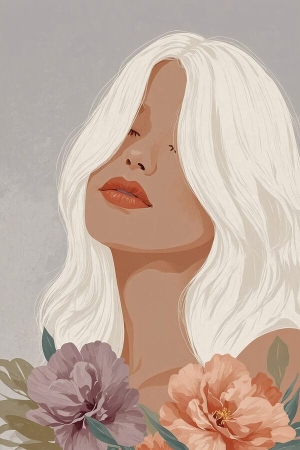 Femme aux longs cheveux blancs et aux fleurs Femme aux longs cheveux blancs et aux fleurs