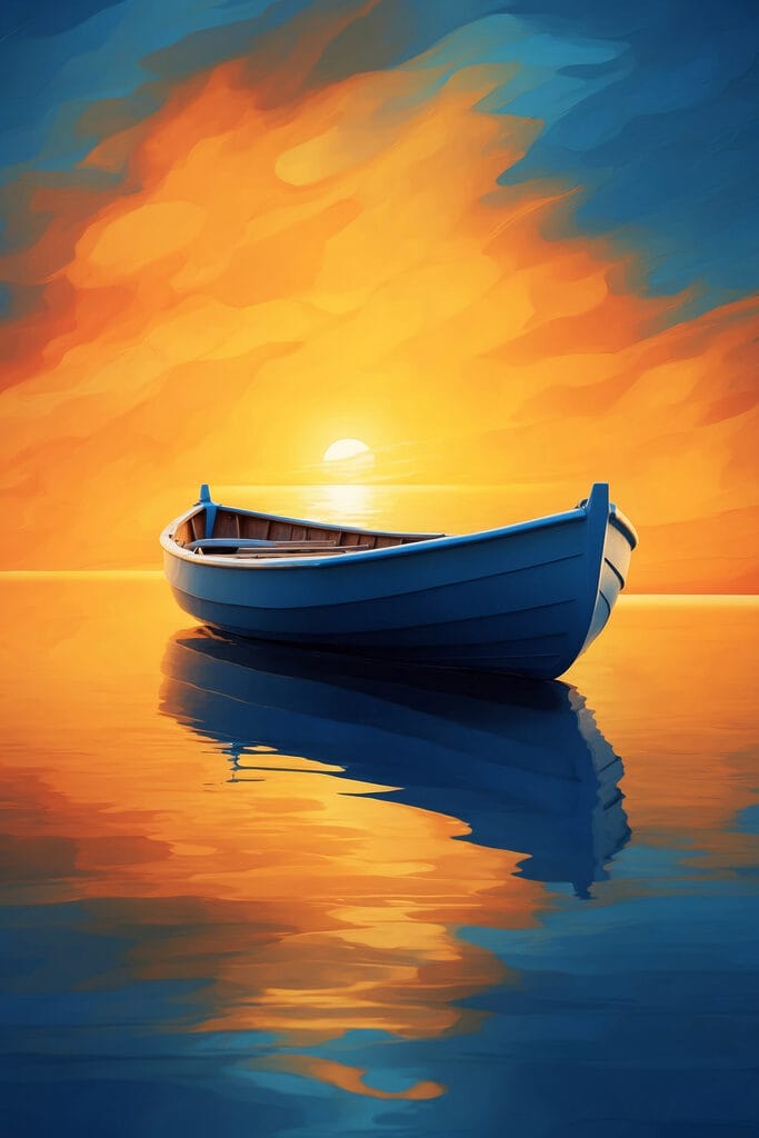Boat on water with sunset in the background