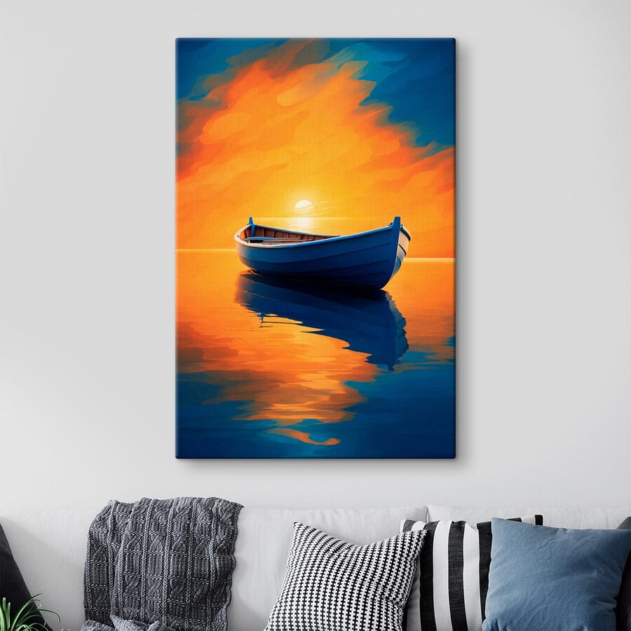 Tableaux Bateau sur l'eau avec coucher de soleil en arrière-plan