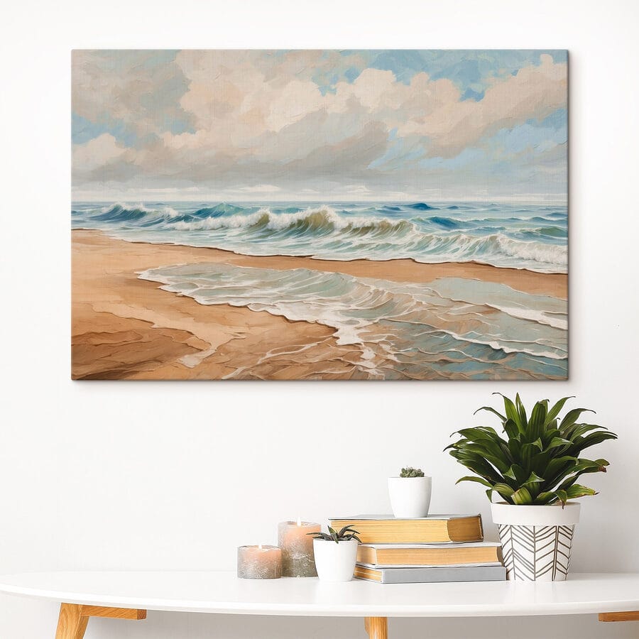 Peinture de vagues s'écrasant sur une plage